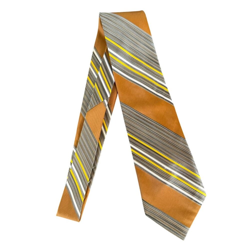 Vintage Fashion Craft Mens Tie 1970s Striped Orange Brown Polyester Wide Necktie